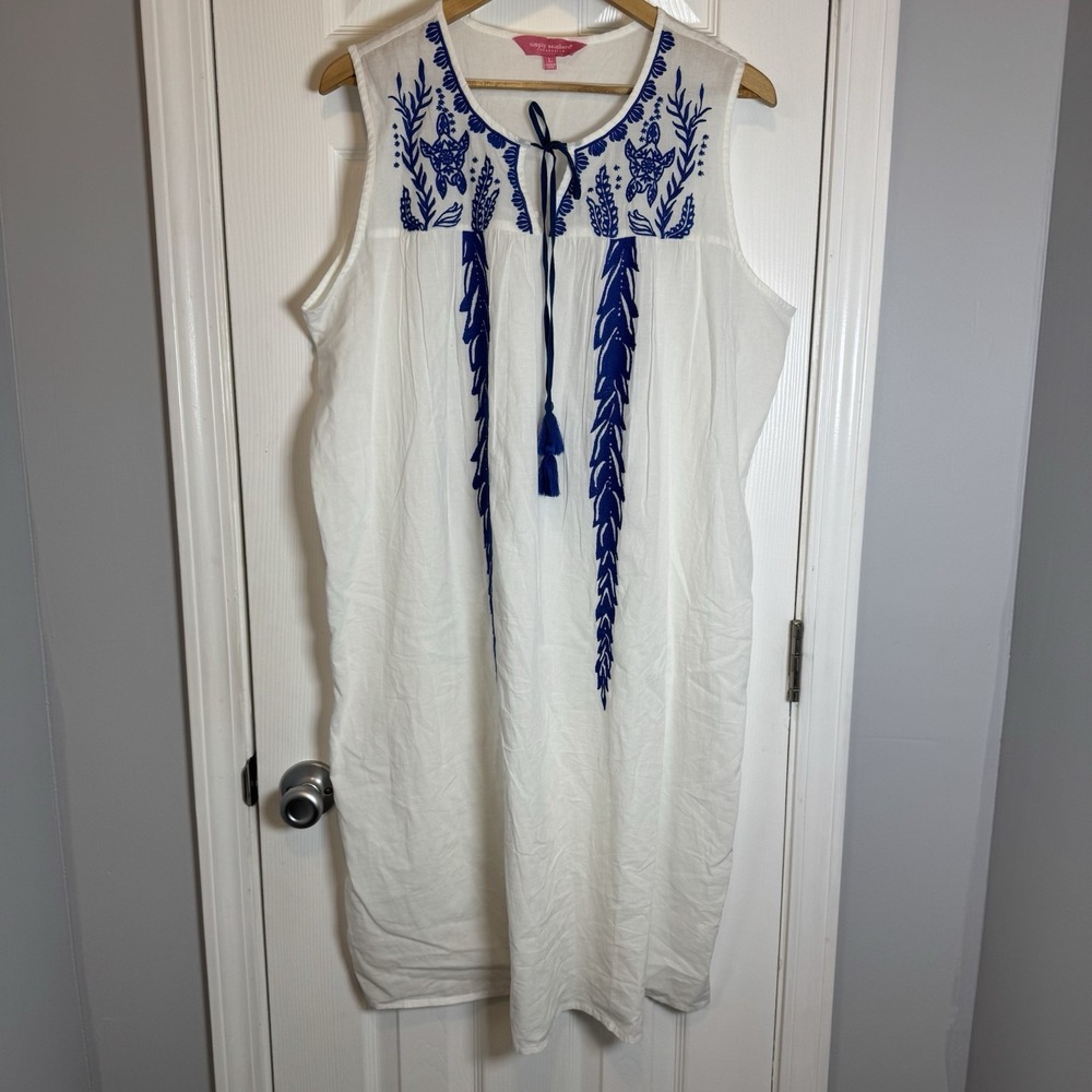 Simply Southern Sleeveless White Blue Embroidered Dress with Tassels Size Large‎